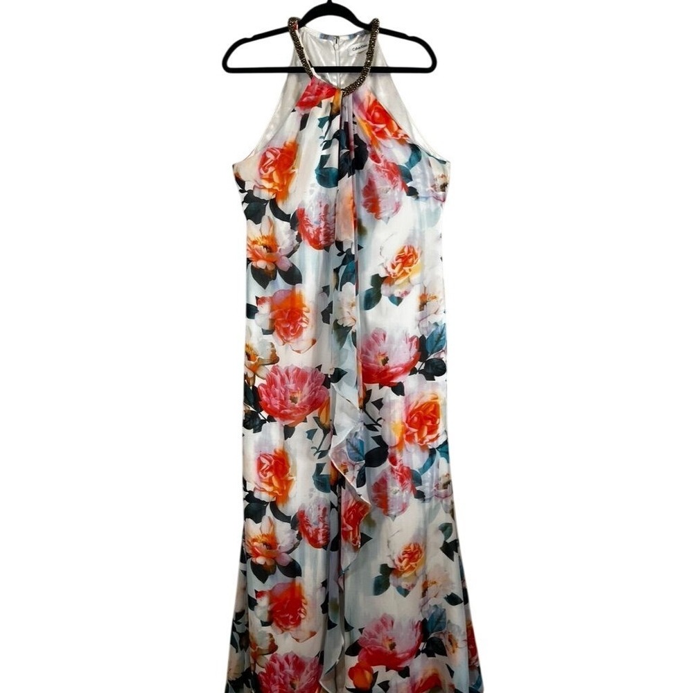Colorful Floral Halter Maxi Dress White S Beaded Tropical Resort Glam Preppy 90s